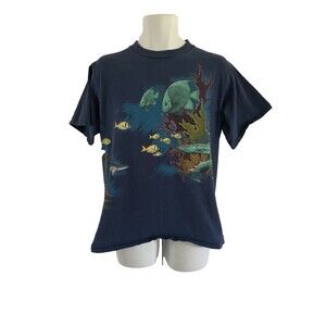 VINTAGE Harlequin Wrap Around Fish Shirt Men's Large Blue Ocean Nautical 90s USA